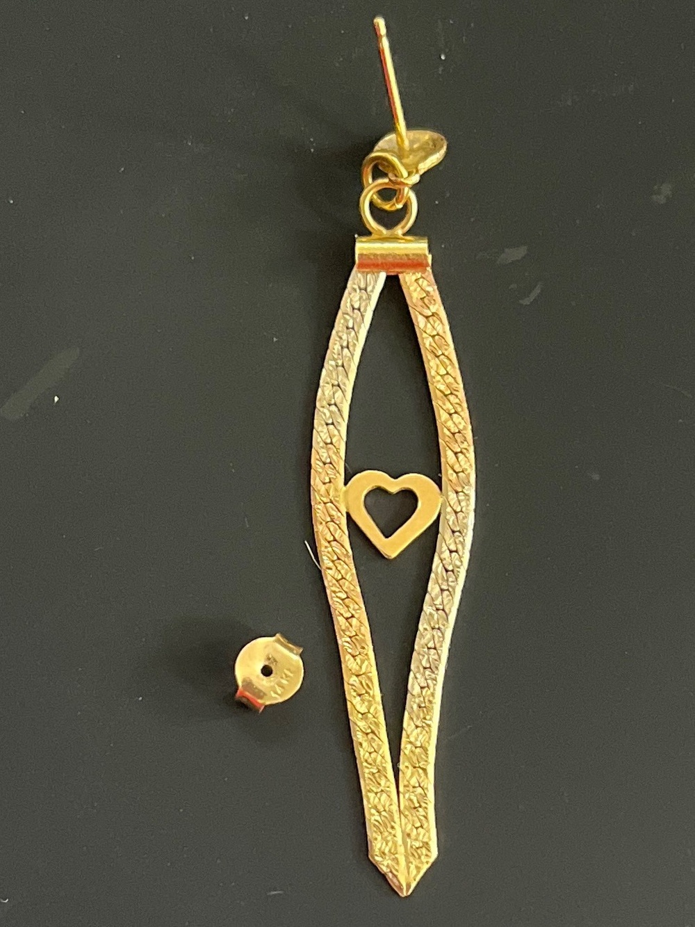 Vintage 14K Two-Tone Gold Heart Dangle Earrings Textured Marquis Drop 4.29 Grams